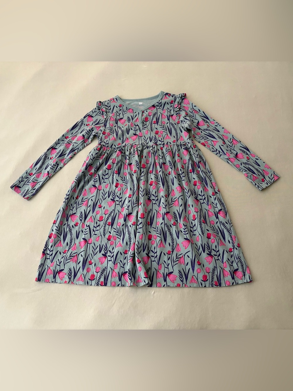 Tea Collection Girls' Light Blue Floral Long-Sleeve Dress with Pink Accents
